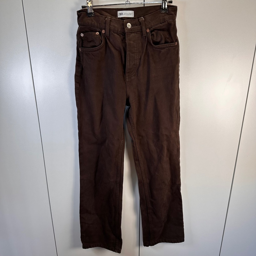 ZARA Women 2 Chocolate Brown Straight Leg Button Fly High Rise Textured Jeans